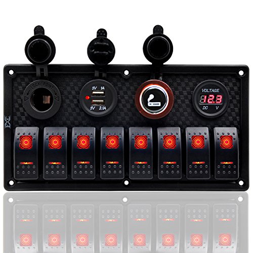 FXC Waterproof Marine Boat Rocker Switch Panel 8 Gang With Dual USB Slot Socket + Cigarette Lighter and adapter + Digital Voltage Display LED Light for Car Rv Vehicles Truck (8 Gang Red Light)