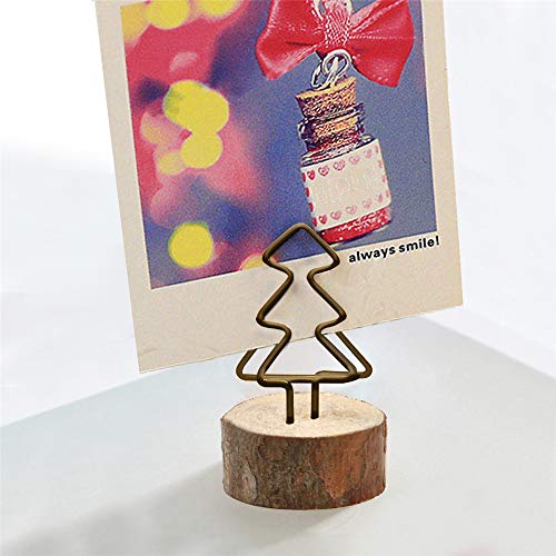 Wooden Base Place Card Holder, Amytalk 12 Sets Real Wood table numbers card holders With Christmas Tree Metal Shape, Table Card, Photo Card, Menu Card, Name Card Holder Memo Clips Mem (Christmas Tree)
