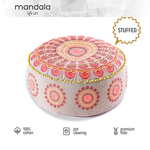 Mandala Life ART Bohemian Yoga Decor Pouf Ottoman - 24x8 inches - Stuffed with Premium Filler - Round Red Mediation Pillow - Cotton Floor Cushion