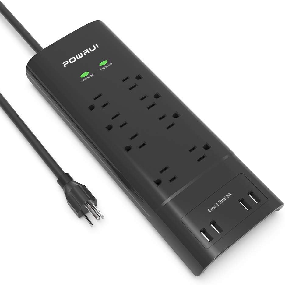 POWRUI 8-Outlet Surge Protector Power Strip with 4 USB Charging Ports and 6-Foot Heavy Duty Extension Cord, 2100 Joules