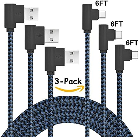 USB Type C Cable, Arukas 3 Pack 6ft Right Angle 90 Degree Nylon Braided USB Type A to C Charger for Galaxy Note 8, S8, S8 Plus, ZTE Zmax Pro Z981, Google Pixel/Pixel XL, Nexus (3p 6ft black blue)