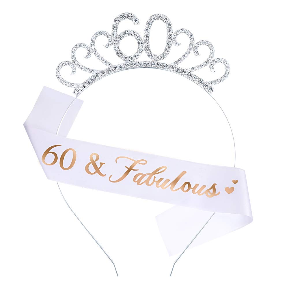 hugttt 60th Birthday Tiara and Sash 60 Fabulous Champagne Glitter Satin Sash and Crystal Tiara Princess Birthday Crown for Women 60th Birthday Party Decoration (60 Years Old)