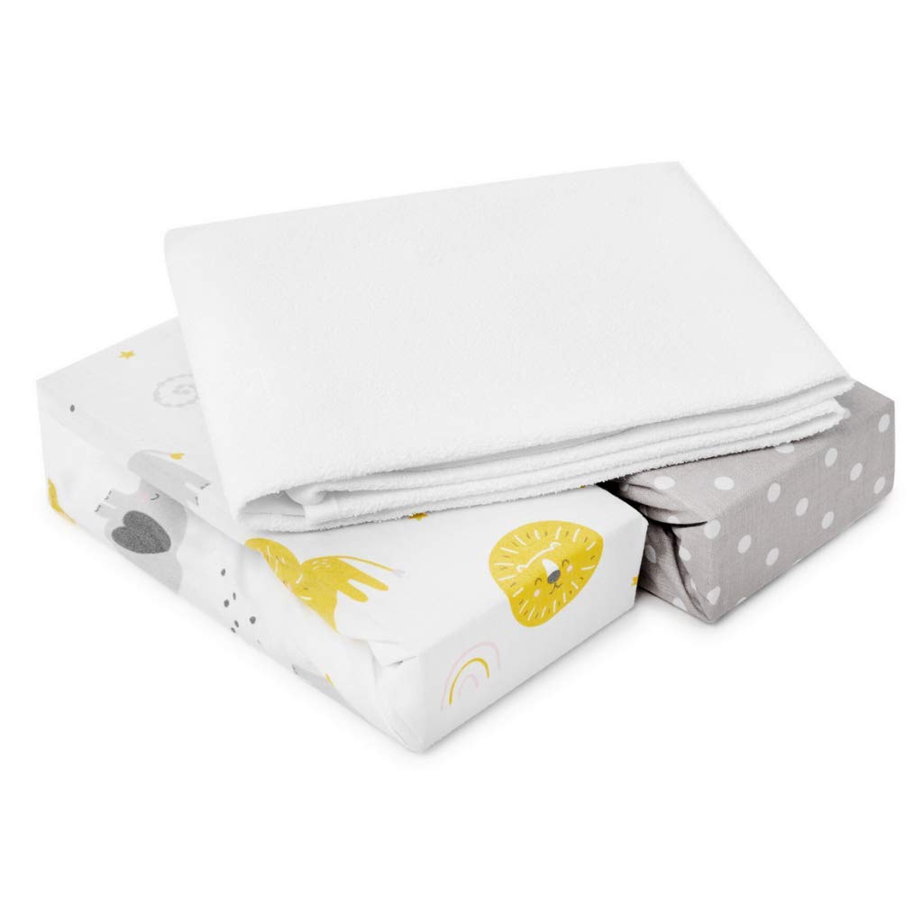 FlyIdeas 3-Piece Bedding Set for Bedside Cribs – 2 Cotton Fitted Sheets & 1 Waterproof Mattress Protector, 90x50 cm – Hypoallergenic, Soft, Breathable Sheets for Next to Me Crib