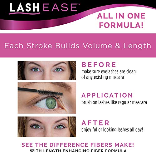 Lash Ease One Step Fiber Building Mascara- Black, Buildable Volume, Lengthens Natural Eyelashes, Lightweight, All Day Wear, 0.38oz