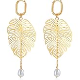 GZJOGO Gold Teardrop Drop Pearl Leaf Dangle Earrings Trendy Gold Leaf Hoop lightweight Statement Earrings for Women