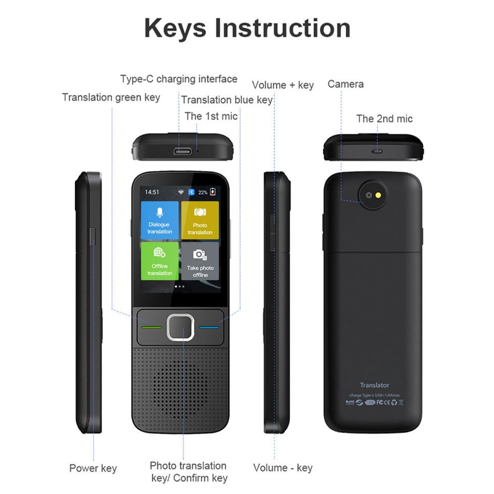 Language Translator Device, Portable Instant Language Translator Support WiFi/Bluetooth/Offline Two- Way Real Time Online 137 Languages with 2.4 Inch Touch Screen Recording Smart Translator