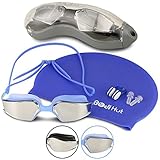 Swimming Goggles + Swim Cap – Get Fog Free Vision and Dry Hair! Comfortable Fit Goggles are Fully Watertight with New Anti-Fog Coating Plus Ear Plugs Nose Clip + Storage Case For Men Women Kids 10+
