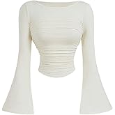 SOLY HUX Women's Bell Long Sleeve T Shirt Boat Neck Ruched Asymmetrical Hem Fitted Tee Going Out Tops