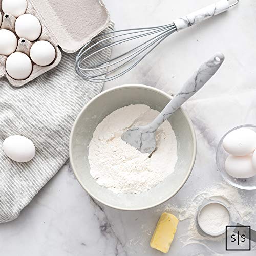 Grey Cooking Utensils With a Modern Look of Marble Utensil Holder Included - Marble Kitchen Accessories. 16-Piece Nylon Cooking Utensils Set with Holder incl. Grey Measuring Spoons and Cups Set