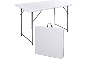 SKONYON Folding Table 4 Foot Height Adjustable Fold-in-Half Table with Carrying Handle, Small Card Table Indoor Outdoor Use, White