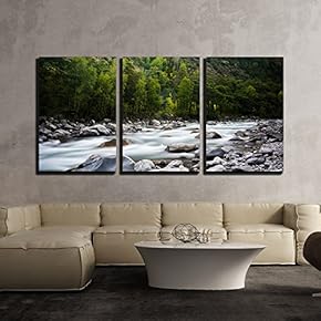 3 Piece Canvas Wall Art - Landscape with a Creek in Mountains - Modern Home Art Stretched and Framed Ready to Hang - 16"x24"x3 Panels
