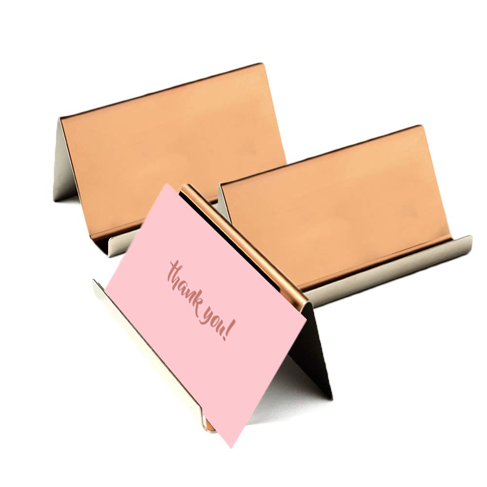 Business Card Holder Rose Gold (3-Pack), 9 x 5 x 4.5 cm Stainless Steel Business Card Table Top Display Stand, Namecard Holder Desktop Organizer, Modern Rose Gold Desk Accessories for Corporate Desk