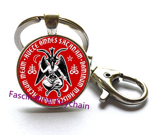Fashion Keychain,Newest Baphomet Devil Glass Art Key Ring Chain Pagan Satan Keychain For Women and Men Best Selling,AE0048