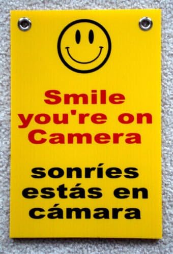 VINBOX SMILE YOU'RE ON CAMERA SIGN 8'',x12'', w/Grommets Security Surveillance Spanish