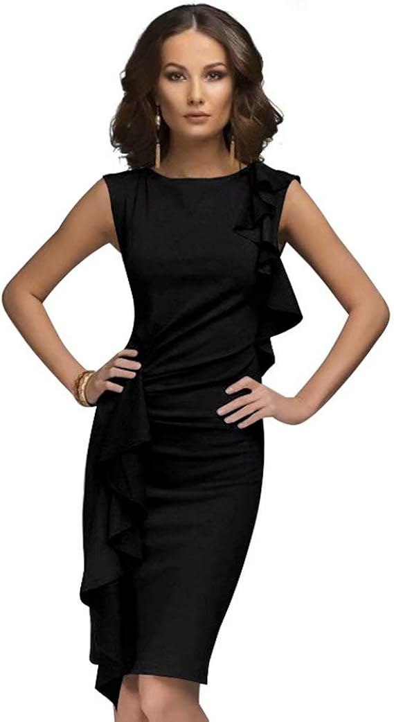 Amazon Leding Happy ドレス ペプラム フリル ワンピース レディース 夏 ラウンドネック 無袖 無地 ひざ丈 ボディコン ジャージワンピース ふんわり セクシー おしゃれ ォーマル 通勤 お呼ばれ 二次会 お出かけ 結婚式 パーティー イブニングドレス 通販