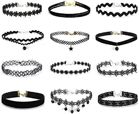 Black Velvet Choker Necklace Set, 12 PCS Henna Tattoo Lace Choker Set Classic Gothic Tattoo Ribbon Velvet Chokers Set for Teen Girls Women