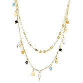 JinweiS handmade necklace pendant, suitable for both men and women, titanium steel double-layer layered ethnic style stainless steel pearl necklace (gold)