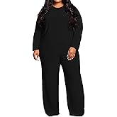 TOPSRANI Womens Plus Size Lounge Set V-Neck 2 Piece Outfits Sweatsuits Tracksuit Long Sleeve Baggy Wide Leg Pant Sets
