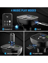 VicTsing Bluetooth FM Transmitter for Car, Power Off Wireless in-Car Transmitter, Universal Radio Adapter Car Kit with Hands-   s, Music Player Support TF SD Card, USB Disk, Aux Input