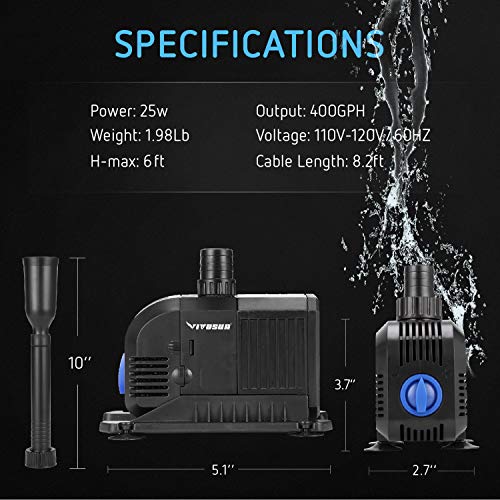 VIVOSUN 400GPH Submersible Pump(1500L/H, 25W), Ultra Quiet Water Pump