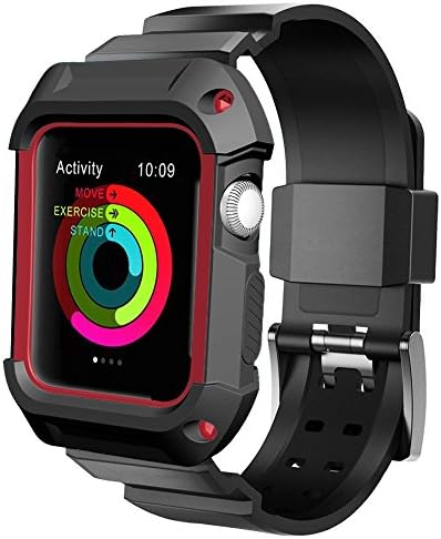 iMOMO 38mm iWatch Case for Apple Watch Band, Rugged Protective Resilient Shock Sport Band with Case for Apple Watch Nike+, Series 3, Series 2, Series 1, Sport, Edition (38mm Black/Red)