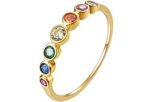 E 14K Gold Plated Ring for Women Rainbow Eternity Jewelry Rings Band Colorful Round AAA Cubic Zirconia CZ Wedding Rings Dainty Gold Rings for Women