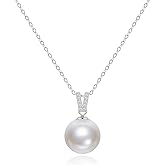 Mameloly Pearl Necklaces for Women Trendy 925 Sterling Silver Dainty V CZ Pendant 10MM/12MM Single Simulated White Pearl Choker Necklace for Women Wedding Cute Jewelry