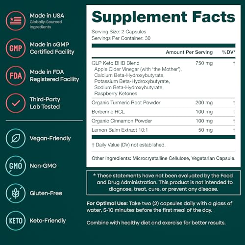 GLP-1 Supplement for Appetite Support and Metabolic Health for Men and Women with BHB Ketones, Apple Cider Vinegar, Berberine HCL, Turmeric and Cinnamon