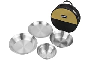 HXBER 4pcs Camping Tableware Sets Reusable Stainless Steel Plates and Bowls for Outdoor Camping Hiking