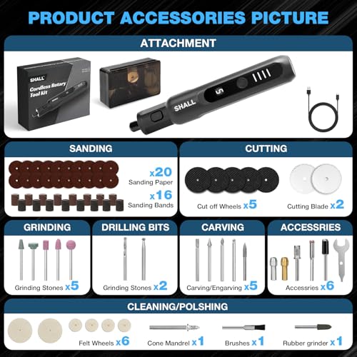 SHALL Utensile rotante senza fili da 3,7 V, 20000 giri/min, 5 velocità, kit smerigliatrice ricaricabile tramite USB con 70 accessori e luce LED, multiuso per levigatura, lucidatura, foratura, molatura