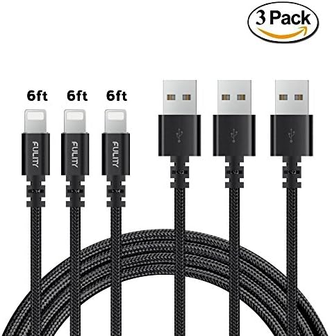 Durable Lightning Cable 3 PACK (6FT) Nylon Braided Fast Charging Cable for iPhone 7/ 7 Plus/6/6s/6 plus/6s plus/ 5s/5c iPad and More by FULITY(Black)