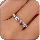IPEPPY Love Heart Feather Rings for Women 925 Sterling Silver Pink Birthstone Crystal CZ Promise Ring for Her Heart Cut Simulated Diamond Angel Wing Eternity Ring Jewelry Gifts to Daughter