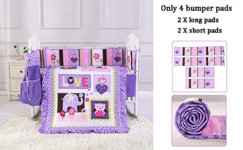 Wowelife Baby Crib Bumpers Purple Breathable Nursery Bumper Pads 4 Piece Flowers and Hearts for Baby Boys and Girls(Purple Elephant) - Thumbnail 3