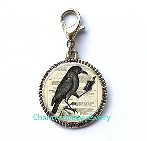 Black Raven Zipper Pull, Crow Fashion Zipper Pull, Bird Jewelry, Glass Cabochon Photo Animal Zipper Pull, Lover Zipper Pull.D0094