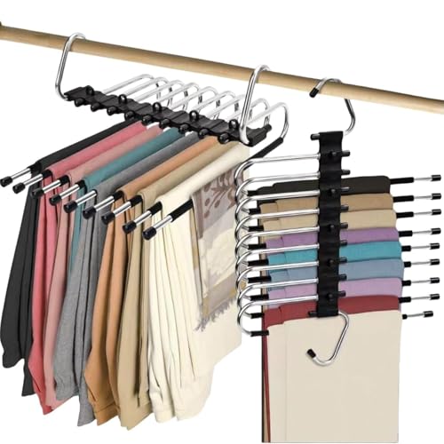 2 Pack Upgrade 9 Layers Pants Hangers Space Saving, Non-Slip Clothes Hangers for Wardrobe, Multifunctional Clothing Rack for Closet Storage, Ideal for Jeans, Pants, Skirts, Scarves & Slacks (Black)