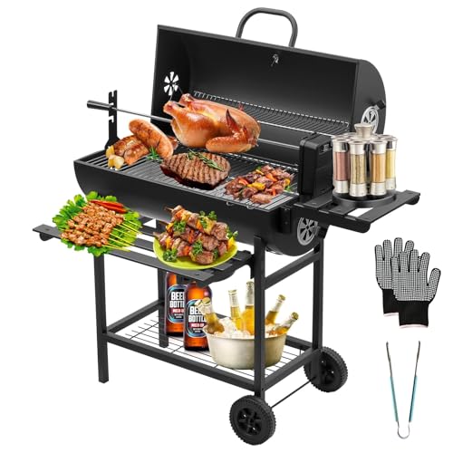TEENO Charcoal Barbecue with XXL Cooking Grill, Anti-Burning Gloves, Thermometer, Ash Tray, Adjustable Vent, Large Barbecue (Upgraded with Chicken Grill)