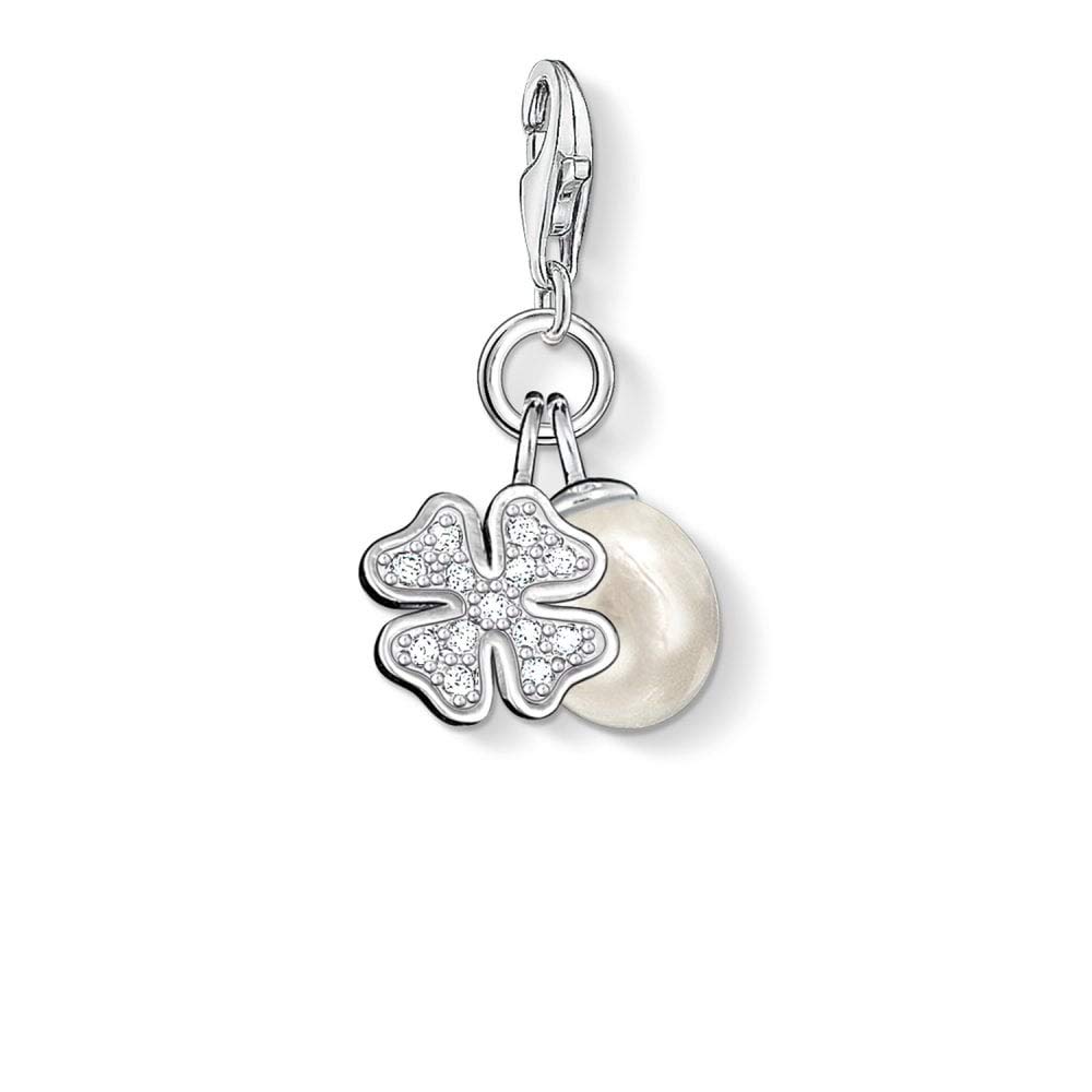 Thomas Sabo Women Charm Pendant Cloverleaf Freshwater Pearl Charm Club 925 Sterling Silver 0831-167-14