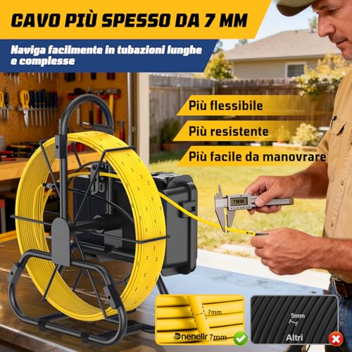 Dnenellr Tube Inspection Camera, 7 mm Thick Cable with Metric Signs, with 512Hz Probe and Auto-Leveling Function 1080P, 9 Inch IPS HD Screen Cable, 32GB DVR, 5100mAh Battery, IP68 (30M)