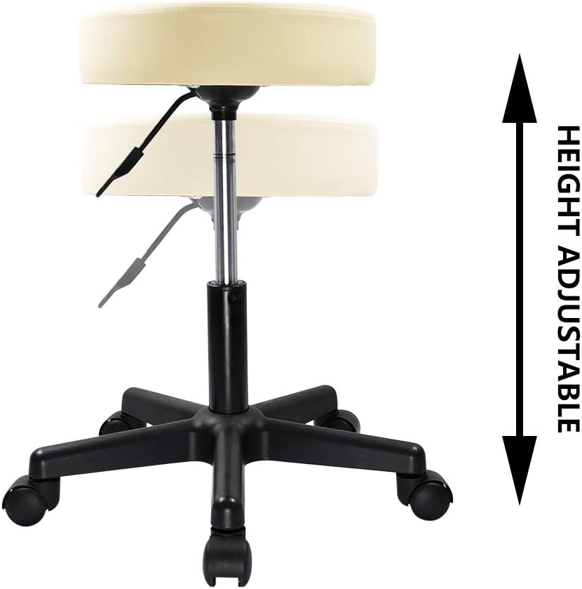 KKTONER Round Rolling Stool PU Leather Height Adjustable Swivel Drafting Work SPA Medical Salon Stools Chair with Wheels Beige: Furniture & Decor