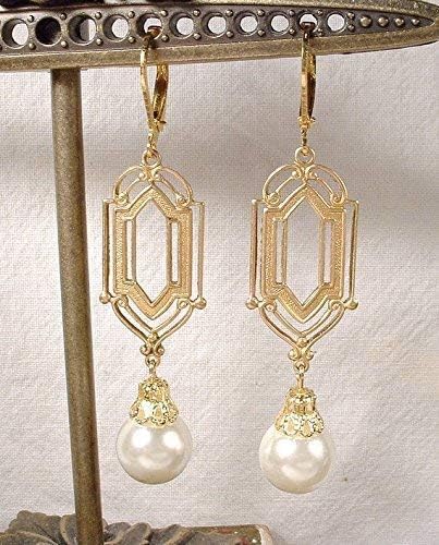 Art Deco Gold Ivory Simulated Pearl Dangle Earrings, Long Bridal Drop Earrings, 1920s Flapper Jewelry Great Gatsby Wedding Vintage Inspired Bridesmaid Statement