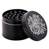 DCOU New Design Premium Zinc Alloy Herb Grinder 2.2 Inches 4 Piece Metal Grinder with Pollen Catcher with Carved Flower (Black)