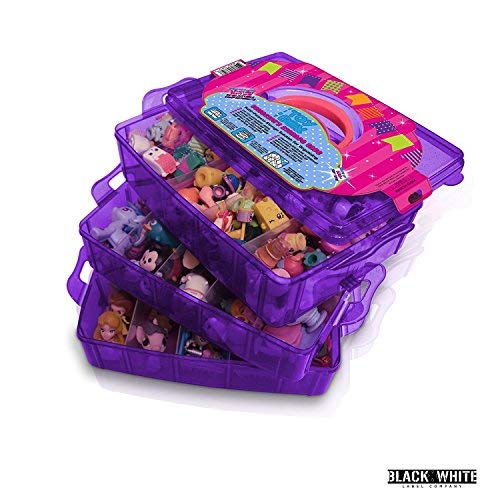 Holds 600 - Tiny Toy Box Shopkins Storage Case LoL Dolls Organizer Container - Stackable Collectors Carrying Tote Compatible W/ Mini Colleggtibles Fash'ems Tsum Tsum Hot Wheels (Purple Sparkle/Pink) - Thumbnail 4