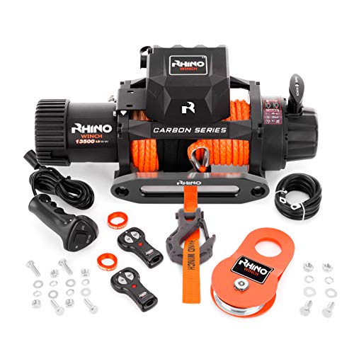 Rhino 12V Elektrische Seilwinde Synthetikseil/Kunststoffseil Mit Funkfernbedienung und Handschalter 13,500lb - Carbon