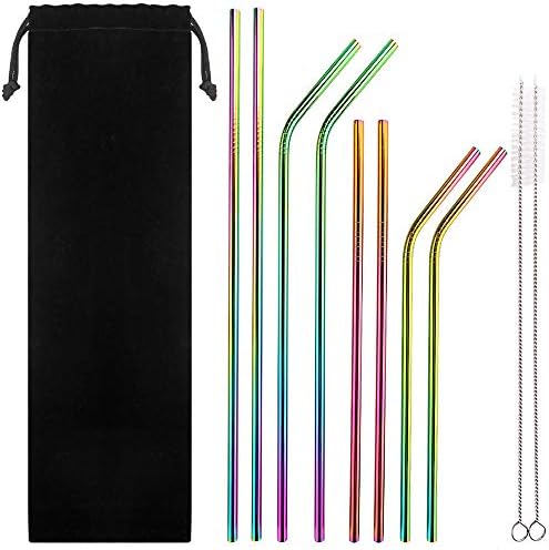 Reusable Stainless Steel Straws,Set of 8 Rainbow Multi-Colored Metal Straw for 30 20oz Tumblers Mugs,Reusable drinking straws with Cleaning Brush for RTIC Yeti or Ozark Trail Ramblers Cups, Colorful