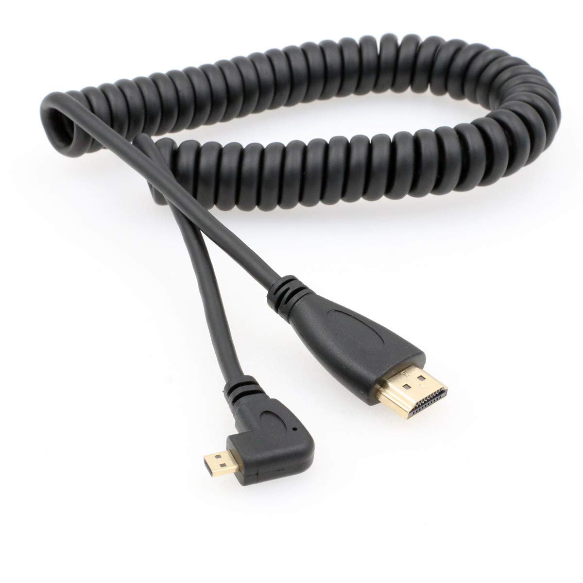 HangTon Right Angled 90 Degree Micro HDMI to HDMI HDTV Spiral Cable for Cell Phone Tablet Laptop DV Camera Computer Monitor 4ft