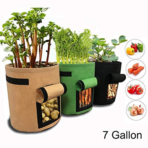 GEMGO 3 Pack Potato Grow Bag, 7 Gallon Aeration Waterproof Fabric Sweet Potato Planter, Velcro Window Vegetable Peanut Growing Box Bucket Pot for Nursery Garden (3 Pack, Black Brown Green)