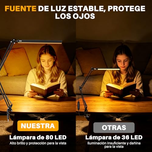 Salandens Lampara de Escritorio, Lampara de Mesa Con Brazo Flexible de 360°, Lampara Led Con 3 Luces Regulables, Blanca, Cálida y Blanca Cálida