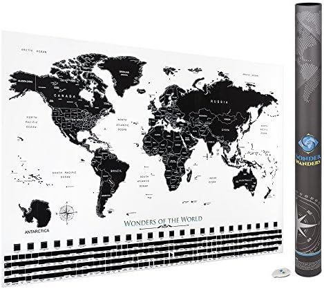 Scratch Off World Map | 24"x16" Travel Size | Smaller Premium Quality Stunning Black and White Minimalist Global Map With Vibrant Under-colors and Hidden Wonders of the World! Great for Home Schooling