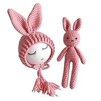 YeahiBaby Newborn Baby Knit Rabbit Bunny Hat Beanie With Rabbit Dolls Photography Photo Prop accessories (Pink)