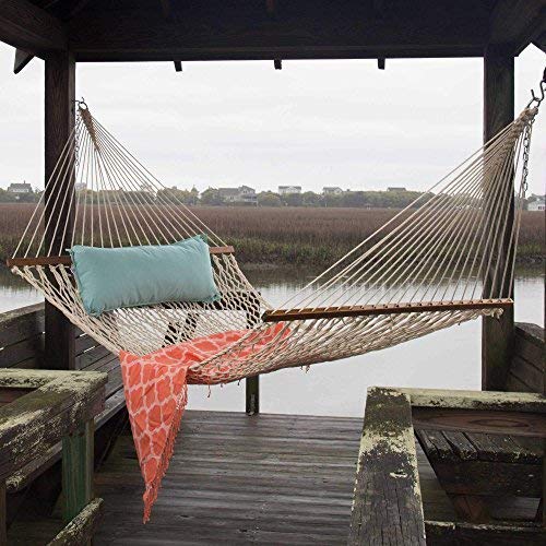 Elegant Homes Large DuraCord Rope Hammock, Quick Dry Rope Hammock with Double Size Solid Wood Spreader Bar Outdoor Patio Yard Poolside Hammock with Chains, 2 Person 450 Pound Capacity